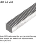 0.5 Mod 8mm By 8mm 500mm carbon steel gear rack for motor pinion gear, made from 45 carbon steel, showing teeth detail