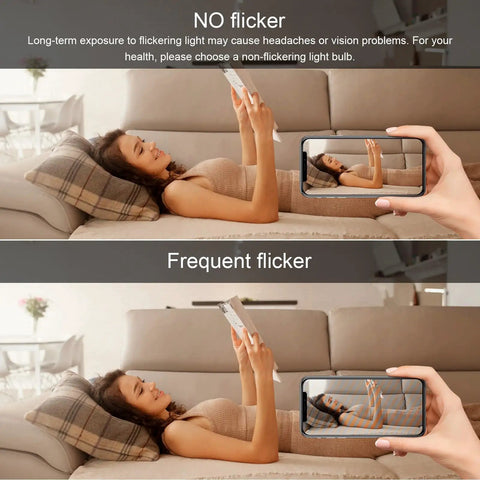 Comparison of no flicker vs frequent flicker, illustrating eye-friendly light effect with Six Pack 6W LED Light Bulbs Warm White 2700K E26 Base 60W Equivalent A15 G45 Shape Fridge Appliance Bulbs for Home Use Energy Saving Eye Friendly Long Lasting Soft Glow
