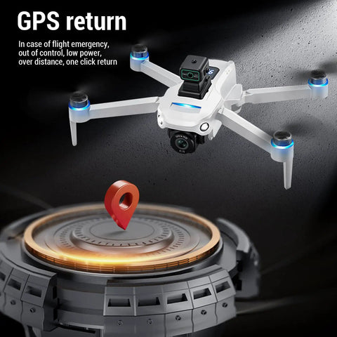 HD Dual Camera FPV Drone With Obstacle Avoidance, 5G WiFi RC Quadcopter hovering over GPS return point in black setting