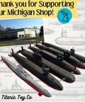 Six 12-Inch Submarine Model Set For Desk Display And Collectors Alike Featuring U-Boat, Sturgeon, Typhoon, Benjamin Franklin, Lafayette, And Los Angeles-Class Replicas For Naval Enthusiasts displayed on a desk.