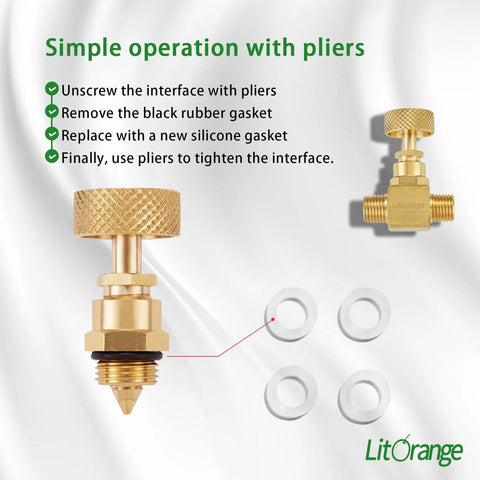 Two brass needle valves with knurled tops, 1/4in NPT x 1/4in NPT, LitOrange, front & side views with four white washers