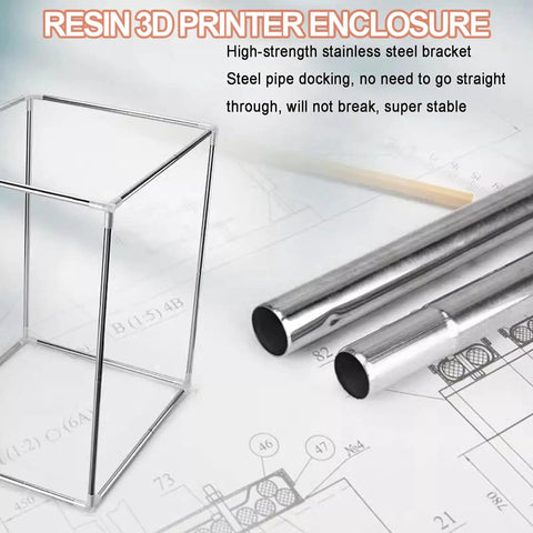 Resin 3D Printer Enclosure With Temperature Control frame and steel pipes on technical drawings.