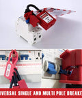 Twenty Pack Pro Grade Universal Circuit Breaker Lockout Devices for Single and Multi Pole Breakers, padlock attached to breaker