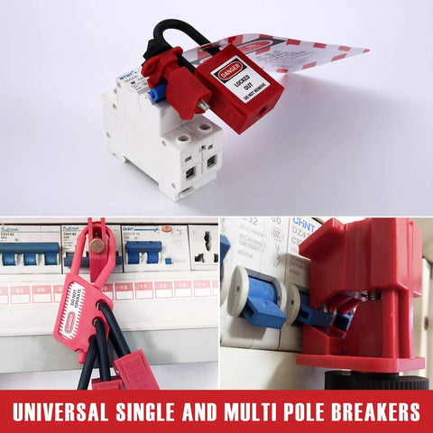 Twenty Pack Pro Grade Universal Circuit Breaker Lockout Devices for Single and Multi Pole Breakers, padlock attached to breaker