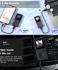 64GB MP3 Player With Bluetooth 5.3 And Built-In Speaker showcasing Type-C and AUX connections for OTG file transfer and car audio