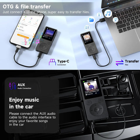64GB MP3 Player With Bluetooth 5.3 And Built-In Speaker showcasing Type-C and AUX connections for OTG file transfer and car audio