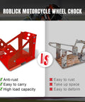 Comparison of a heavy duty motorcycle wheel chock with 1800 lb capacity against a rival, shown in a split image.