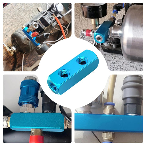 Four Piece Two Way Five Port Aluminum Air Compressor Manifold With One Quarter Inch Output Port And One Quarter Inch Supply Port