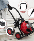 Heavy Duty Electric Drain Cleaner Machine With One Hundred Ft Manganese Steel Sewer Snake Auger And Eight Cutting Heads Air Activated Switch Fits One To Four Inch Pipes Black Red shown on stairs with large wheels and handles.
