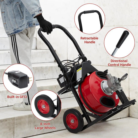 Pro Grade Electric Drain Cleaner With 100 Feet Of Toughened Steel Cable And A Rugged 370 Watt Powerplant on stairs with large wheels.