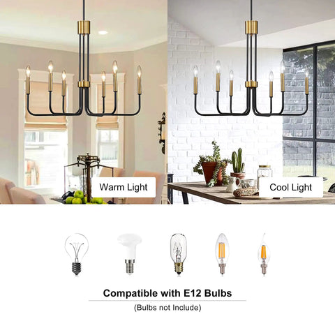 Six Light Black And Gold Farmhouse Chandelier For Dining Room And Kitchen Island showing warm and cool light options
