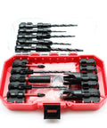 Score Big On Fine Woodwork With This 15 Piece Countersink Tapered Drill Bit Kit featuring tapered bits and wood plug cutters in red case.