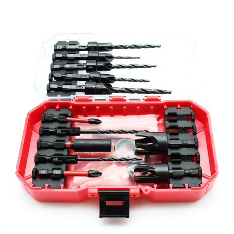 Score Big On Fine Woodwork With This 15 Piece Countersink Tapered Drill Bit Kit featuring tapered bits and wood plug cutters in red case.