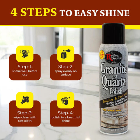 Granite Polish Spray For Stone Surfaces 18oz Can Clean And Shine Tile, Marble, with usage steps displayed on label