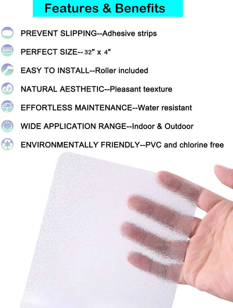 Hand holding Non Slip Stair Treads Tape 15 Pack 4 By 24 Inches Ultra Strong Adhesive For Smooth Surfaces, features listed
