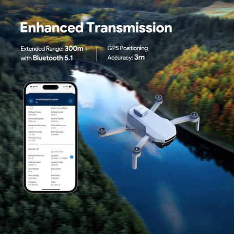 FAA Compliant Remote ID Drone Broadcast Module For GPS Drones With Camera flying over a forest landscape with GPS data on phone.