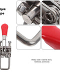 Beefy Heavy Duty Stainless Steel Toggle Clamp Latch With Adjustable Pull for cabinets, featuring close-up details and red handle.