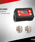 One Inch In Line Digital Turbine Fuel Meter with black red display and reducer bushings