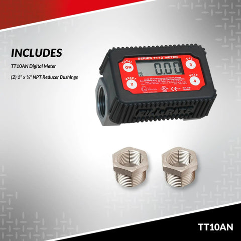 One Inch In Line Digital Turbine Fuel Meter with black red display and reducer bushings