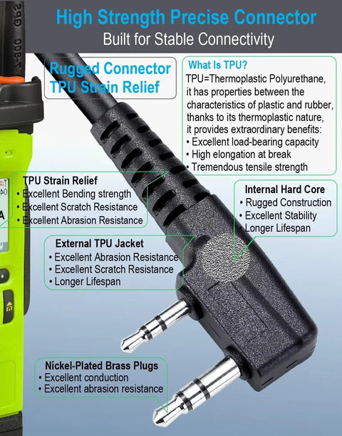 Durable 2 Pin Shoulder Microphone For Kenwood Radios showing close-up of rugged connector with TPU strain relief chart.