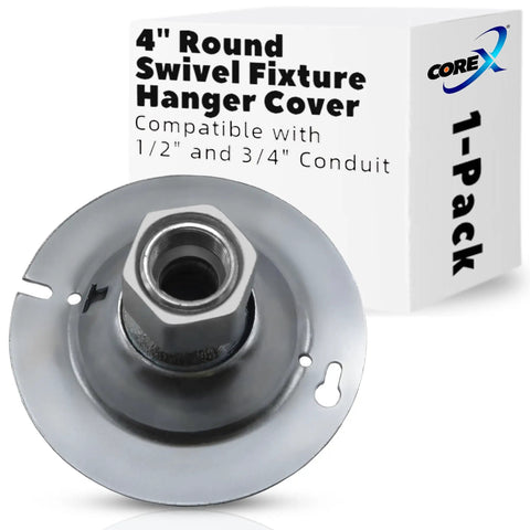 Round Swivel Fixture Hanger Cover For Electrical Boxes Fits 1/2 Inch And 3/4 Inch Threaded Nipples And Conduit 4 Inch Malleable Iron Hub