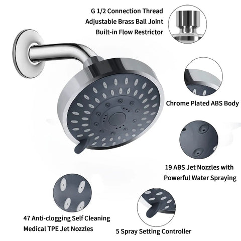 High Pressure Rain Shower Head With Five Settings And Durable ABS Plastic Body And Adjustable Swivel Ball Joint Delivers Spa Like Home Shower Experience Even On Low Water Flow And Pressure