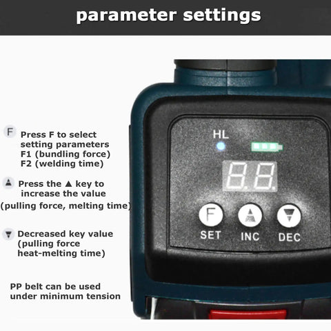 Control panel of Heavy Duty Cordless Electric Strapping Machine For Pet And Pp Bands With Lithium Battery showing parameter settings.