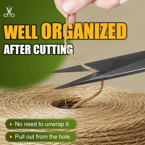 Scissors cutting Natural Jute Twine String 1000ft 2mm 3 Ply Bulk Rope for crafts, showing organized spool.