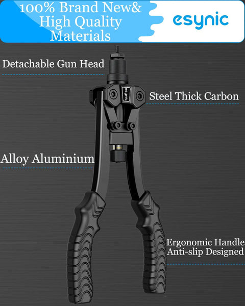 Heavy Duty Rivet Nut Gun Tool Kit With 40% Less Effort And Dual Leverage Design For Fastener Installation Includes Carbon Steel Arms Non Slip Handles plus Eighty Piece Set Of Metric And Sae Mandrels Plus Storage Case, black anti-slip handles