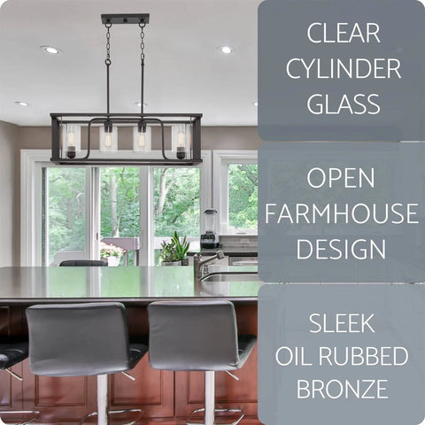 Iverson 34 Inch 4 Light Farmhouse Rectangular Island Light With Clear Cylinder Glass Shades In Oil Rubbed Bronze Finish