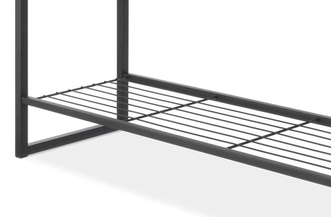 Close-up of the Industrial Entryway Bench With Hidden Storage Shelf, showing the durable black steel frame and lower shelf.