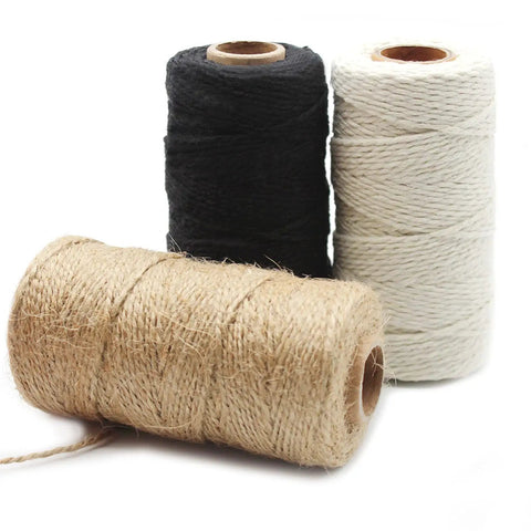 Cotton Twine Pack Of 3 Natural Jute Packing And Wrapping Twines In Black And White 984 Feet Total 2mm Thick 10 Ply Ideal For Bakers Butchers Arts And Crafts Gardening DIY showing black, white, and natural rolls.