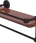 Waverly Place 16 Inch IPE Ironwood Gallery Rail With Towel Bar And Wood Shelf In Antique Bronze Finish, Solid Brass Construction