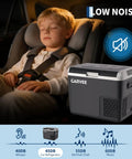 12 Volt Portable Car Refrigerator And Compressor Cooler With 19 Quarts next to a sleeping child in a car seat during a road trip.