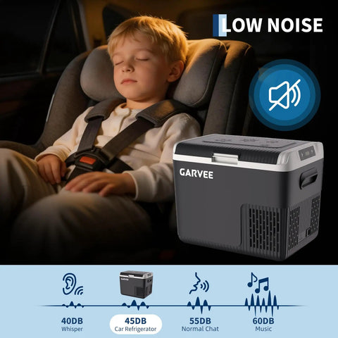 12 Volt Portable Car Refrigerator And Compressor Cooler With 19 Quarts next to a sleeping child in a car seat during a road trip.