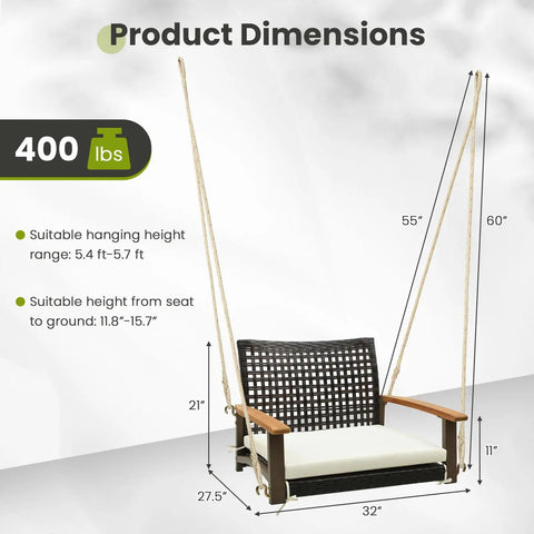 Dimensions of One Person Outdoor Porch Swing With Metal Frame And Soft Cushioned Seat Wicker Style Chair Ropes And Hooks Included PE Rattan Swing For Lawn Garden Backyard Or Balcony Off White Color For Cozy Relaxing Evenings.