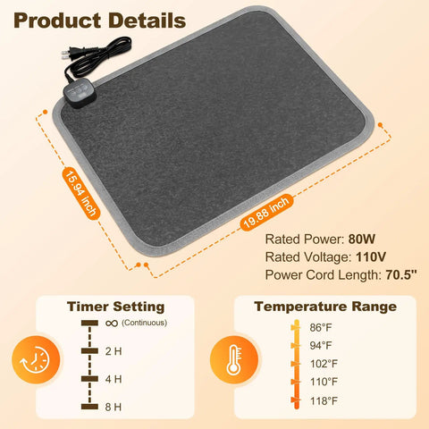 Graphene Heated Floor Mat For Cold Feet With 110V Adjustable Temperature Under Desk Electric Heater With Timer, size details.