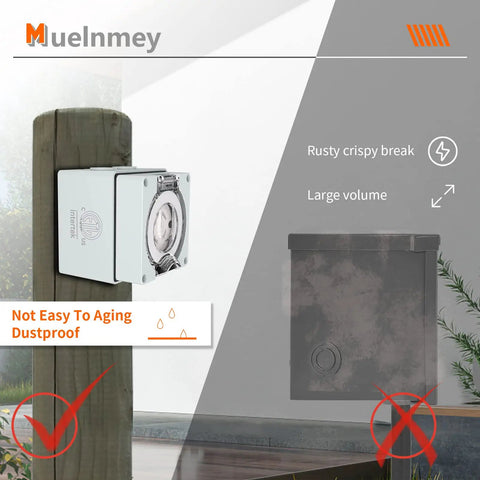 Outdoor Ready 30 Amp Nema L14 30C Locking Female Connector Power Box 125 250 Volt Weatherproof Dustproof For Generators And Welders Heavy Duty ETL Listed IP66 Protection mounted on a wooden post showcasing rust resistance and durability.