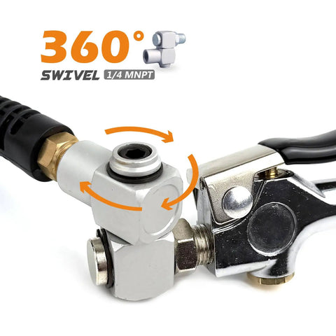 360-degree swivel connector from 22 Piece Air Compressor Accessory Kit With 25 Foot Recoil Poly Hose, Quarter Inch NPT Quick Connect Fittings.