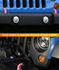 Pink 2-Piece Front Bumper Tow Hook Covers For Jeep Wrangler JK JL 4xe And Gladiator JT 2007-Present installed on blue Jeep
