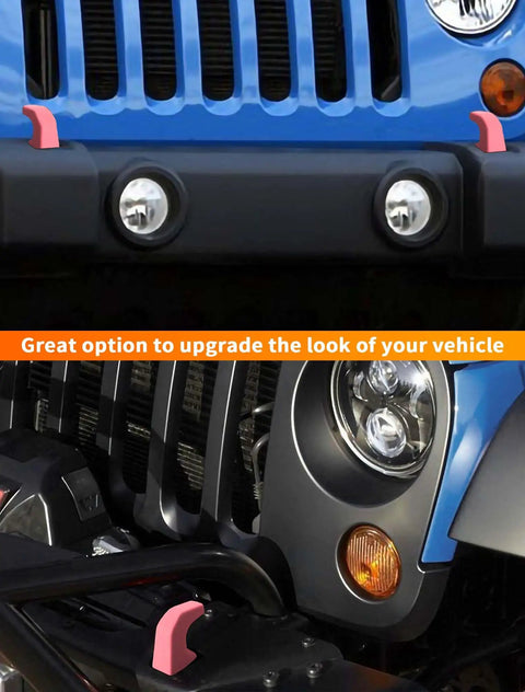 Pink 2-Piece Front Bumper Tow Hook Covers For Jeep Wrangler JK JL 4xe And Gladiator JT 2007-Present installed on blue Jeep