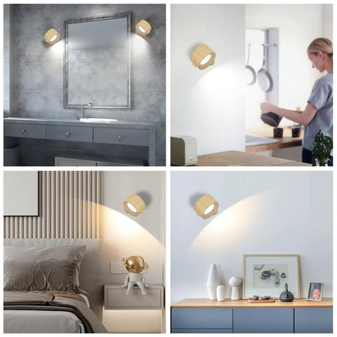 Rechargeable Wall Sconce LED Reading Light with 360° rotation installed in bathroom, kitchen, bedroom, and living room settings.