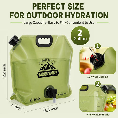 Image of Two Pack Collapsible Water Jug For Camping And Hiking, 2 Gallon Leakproof Water Container With Spout, showing dimensions.