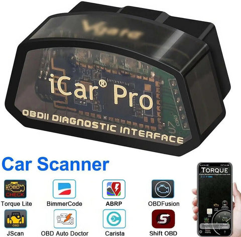 ICar Pro Mini OBD2 Bluetooth Scanner For iOS And Android Pro Diagnostic Tool shown with compatible app icons on phone screen.
