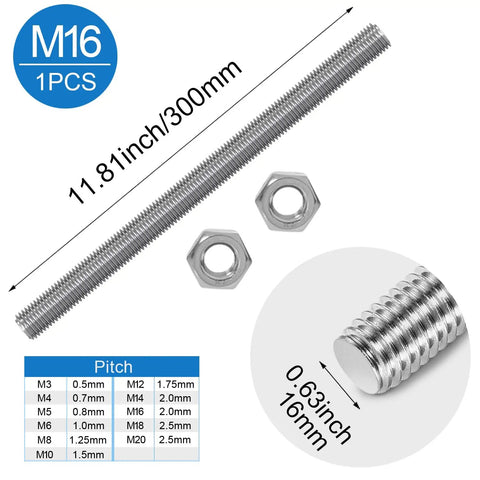 1 Pack M16 2 Mm Pitch Fully Threaded Rod Studs 300 Mm Long 304 Stainless Steel for Anchor Bolts Clamps and DIY Projects