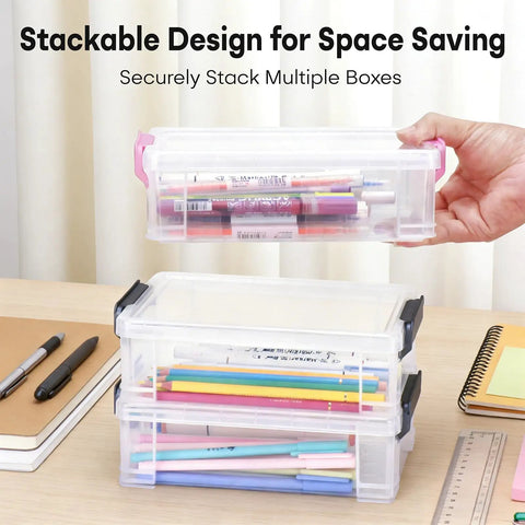 Stacked Big Ol Extra Large Clear Pencil Box For Crayons, Markers, And Art Supplies, showing space-saving design with secure lids.