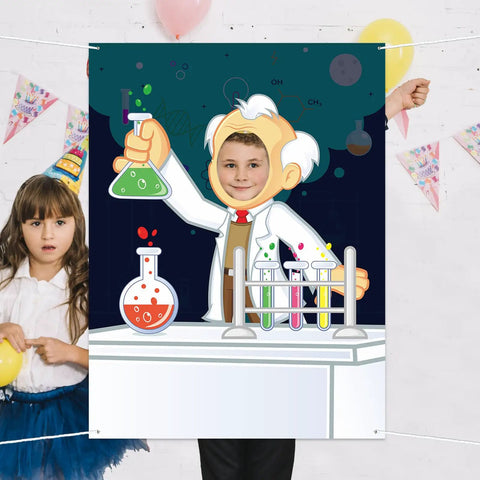 Science Party Banner For Pretend Play Let Kids Channel Their Inner Mad Scientist Backdrop Decor Chemistry Theme For School Classroom Lab Birthday Party Supplies showing child as scientist with beakers and balloons