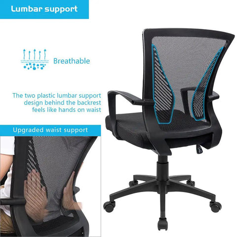 Ergonomic Mesh Office Chair With Dual Lumbar Support, Mid Back, Swivel Desk Chair With Armrests, Black Finish, breathable mesh back