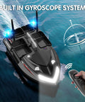 Pro RC Fishing Bait Boat With Four Bait Holders, 1640ft Remote Range, on water with remote control and LED lights.