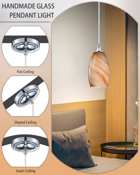 Three Pack Indoor Mini Pendant Lights For Kitchen Island In Polished Nickel With Hand Blown Orange Glass Shades 4.75 Inch Fully Dimmable UL Listed Sweet Bar Counter Dining Room Accent Lighting, showing pendant light on a flat ceiling mount.